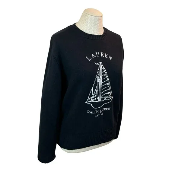 Lauren Ralph Lauren Cotton Knit Sweater Embroidered Sailboat Design Womens Large - Picture 7 of 10